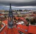 Budapest, Hungary - Old iron tower and red rooftops of Castle District with Szechenyi Chain Bridge, St. Stephens Basilica Royalty Free Stock Photo