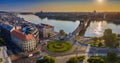 Budapest, Hungary - Panoramic aerial skyline view of Clark Adam square roundabout at sunrise