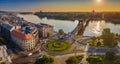 Budapest, Hungary - Panoramic aerial skyline view of Clark Adam square roundabout at sunrise