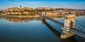 Budapest, Hungary - Panoramic aerial view of Szechenyi Chain Bridge at sunrise with Buda Castle Royal Palace Royalty Free Stock Photo