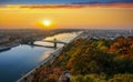 Budapest, Hungary - Panoramic skyline view of Budapest with beautiful autumn foliage, Liberty Bridge Szabadsag Hid Royalty Free Stock Photo