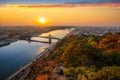 Budapest, Hungary - Panoramic skyline view of Budapest with beautiful autumn foliage, Liberty Bridge Szabadsag Hid and lookout