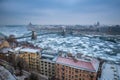 Budapest, Hungary - Panoramic skyline view of the Szechenyi Chain Bridge on the icy River Danube with Parliament and Bazilika