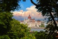 Budapest, Hungary. Parliament building through leafage of trees