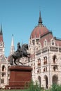 Budapest, Hungary parliament with the equestrian bronze statue of Rakoczi II in the fororeground