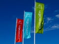 Red, blue and green bright Citroen flags with blue sky background