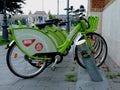 rentable green city bicycles in Budapest in diminishing perspective