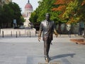 Bronze statue of President Reagan standing in a square in front of the Hungarian Parliament Royalty Free Stock Photo