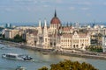 View of the Hungarian Parliament in Budapest by the Danube river from above. Royalty Free Stock Photo