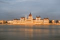 Long exposure sunset front view of the Hungarian Parliament in Budapest in Hungary.