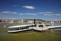 BUDAPEST, HUNGARY- SEPTEMBER 30, 2019: Passanger ship docked alongside the pier near Margaret Bridge.