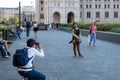 Budapest. Hungary, September 2019 - people taking photos near the dome of Hungarian Parliament building Royalty Free Stock Photo