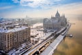 Budapest, Hungary - Snowy rooftops of Budapest at Kossuth Square with Parliament of Hungary at winter