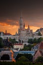 Budapest, Hungary - St Matthias Church and Fisherman`s Bastion Halaszbastya with beautiful golden sunset and dramatic sky on a s Royalty Free Stock Photo