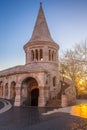 Budapest, Hungary - Sunrise at the entrance tower of the Fisherman`s Bastion Halaszbastya at autumn Royalty Free Stock Photo