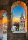 Budapest, Hungary - Sunrise at Fisherman`s Bastion Halaszbastya through Gothic windows Royalty Free Stock Photo