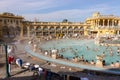 Thermal baths SzÃÂ©chenyi in open air with relaxing people on sunny day. Famous hungarian spa baths.