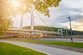 Budapest, Hungary - Traditional yellow tram passing by under the Elisabeth Bridge at the Danube Royalty Free Stock Photo