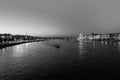 A view over the river Danube in Budapest, Hungary, on a warm summer night. Black and white Royalty Free Stock Photo