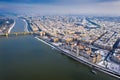 Budapest, Hungary - Winter morning over Budapest with snow, Parliament building, Margaret Bridge Royalty Free Stock Photo