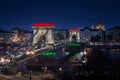 Budapest, Hungary - The world famous illuminated Szechenyi Chain Bridge Lanchid by night, lit up with national tricolors Royalty Free Stock Photo