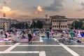 Budapest - June 21, 2019: Yoga event at dawn in Heroes Square in Budapest, Hungary