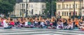 Budapest - June 21, 2019: Yoga event at dawn in Heroes Square in Budapest, Hungary