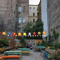 Budapest KaravÃÂ¡n Street Food court with colorful lanterns