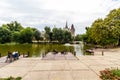 Editorial, Lake tourists enjoying view of Vajdahunyad Castle, City Park, Budapest Hungary, landscape, wide angle Royalty Free Stock Photo