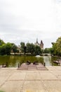 Editorial, Lake tourists enjoying view of Vajdahunyad Castle, City Park, Budapest Hungary, portrait, wide angle Royalty Free Stock Photo