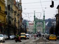 Budapest street and the Liberty bridge in the winter