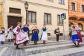 BUDAPEST - MARCH 15, 2019: Hungarian folk dance group of children on a street in the Buda Castle on the day of the
