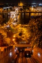 Budapest nightscape, with funicular, Danube river, Chain Bridge, Saint Stephen Church, and Budapest Eye, 2019. Royalty Free Stock Photo