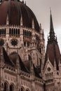 Budapest parliament building closeup tower on cloudy day Royalty Free Stock Photo