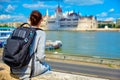 Budapest parliament building young girl traveler Royalty Free Stock Photo