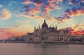 Budapest parliament at dramatic sunrise, Hungary Royalty Free Stock Photo