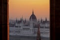 Budapest, Parliament view through Fishermans Bastion, Hungary Royalty Free Stock Photo