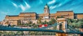 Budapest Royal Castle and Szechenyi Chain Bridge at day time from Danube river. Hungary Royalty Free Stock Photo