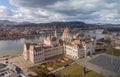 Budapest\'s Majestic Cityscape from a Drone Point of View Featuring the Hungarian Parliament Building and Danube River