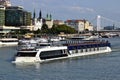 Budapest skyline. Pest side panoramic view from the Chain bridge. the Danube and the Elizabeth Bridge. Royalty Free Stock Photo