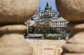 Budapest, the St Stephens Basilica viewed between blurred stone balustrades in the foreground