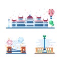 Budapest touristic landmarks vector flat illustration. Travel to Hungary design elements. Parliament, Chain Bridge icons