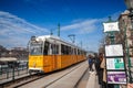 Budapest tram, or called Villamos, Ganz CSMG, on a stop in Pest district by the danube.