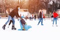 04.01.2022.Budapest.Happy little boy and girl learning to skate in winter.Hobbies and Leisure.Winter sports.Family winter sport.