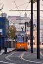 Budapest yellow city tram in Budapest, Hungary