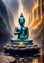 Buddah meditating in the mountains. Beautiful image of Budda praying on the rock with outstanding background.