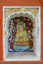 Buddavatar Lord Buddha ninth incarnation of Lord Vishnu colourfully painted on wall of Vishnu Narayan temple at top of Parvati ; P