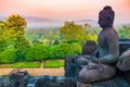 Buddha and beautiful view from ancient Buddhist temple complex Borobudur, Yogyakarta, Jawa, Indonesia Royalty Free Stock Photo