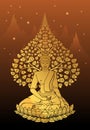 Buddha and Bodhi tree gold color of thai tradition Royalty Free Stock Photo