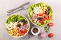 Bowl with mixed salad- lettuce, cheese, tomato, olive, onion Royalty Free Stock Photo